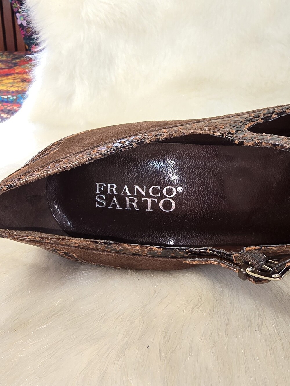 Franco Sarto Brown Suede & Snakeskin "Fallon" Mary Jane Kitten Heel Pumps - Picture 2 of 16